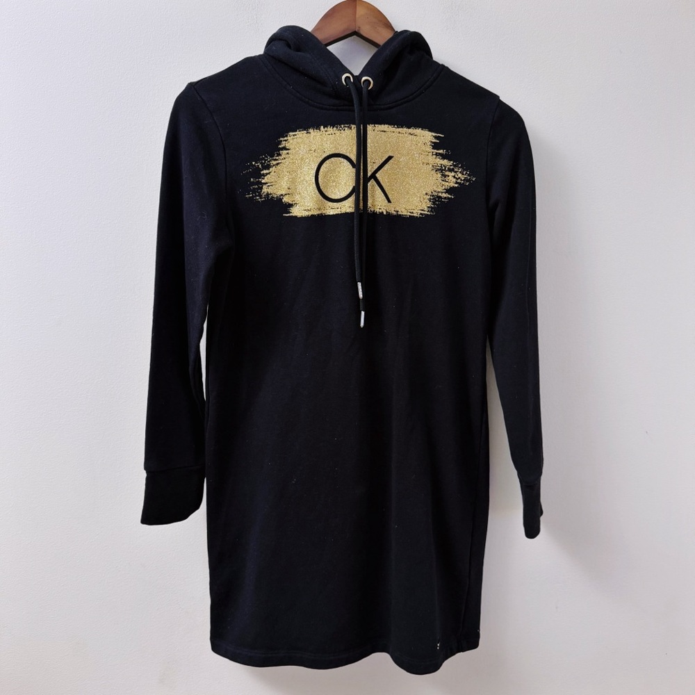 Calvin Klein Black Hoodie Dress with Gold Logo